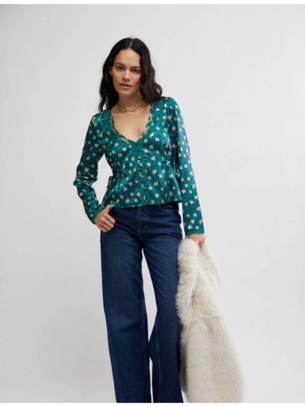 Free People Field Of Roses Women's M Teal Floral Satin Lace Long Sleeve Blouse